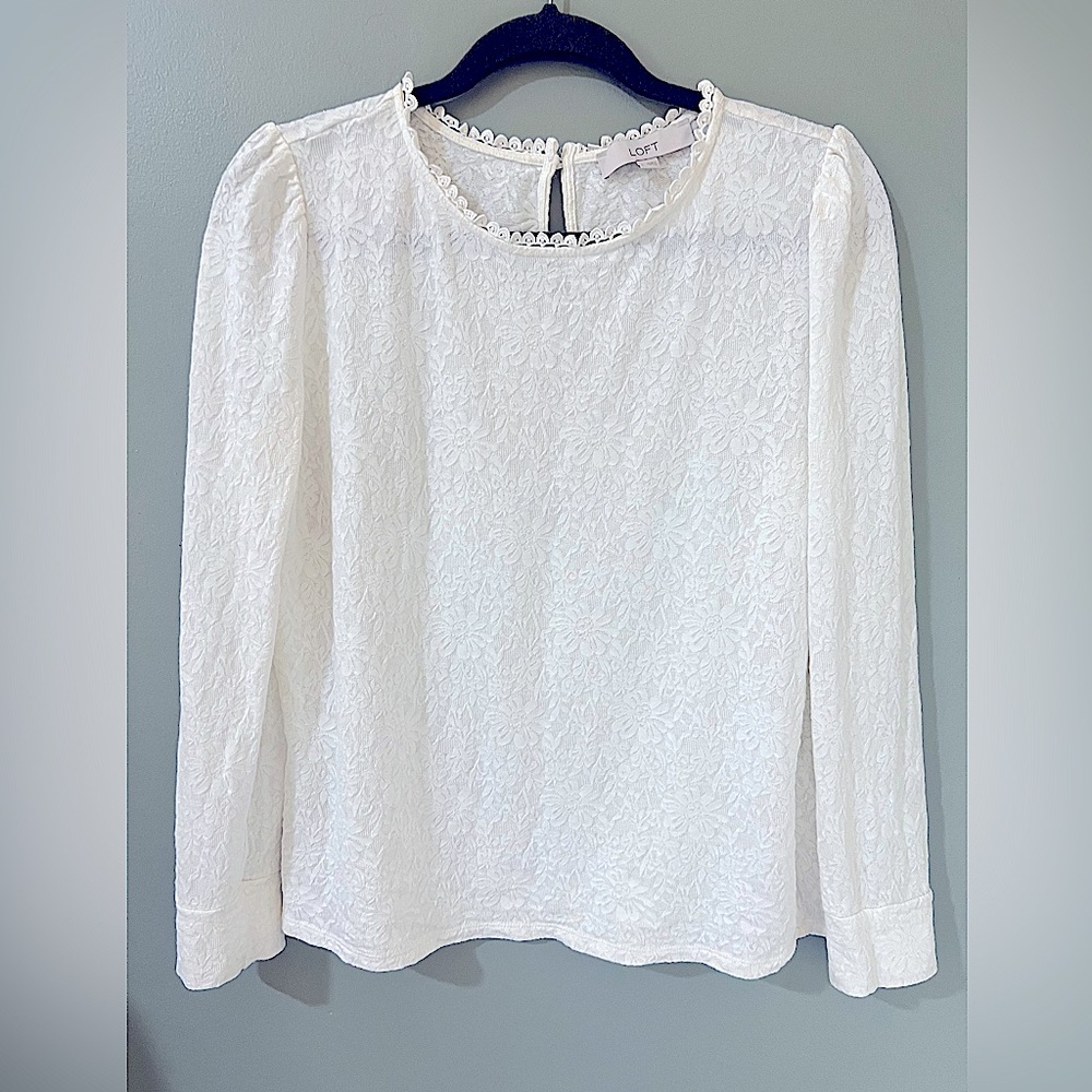 Loft L Sleeve Embroidered Eyelet Lace Shirt Button Up Back off white